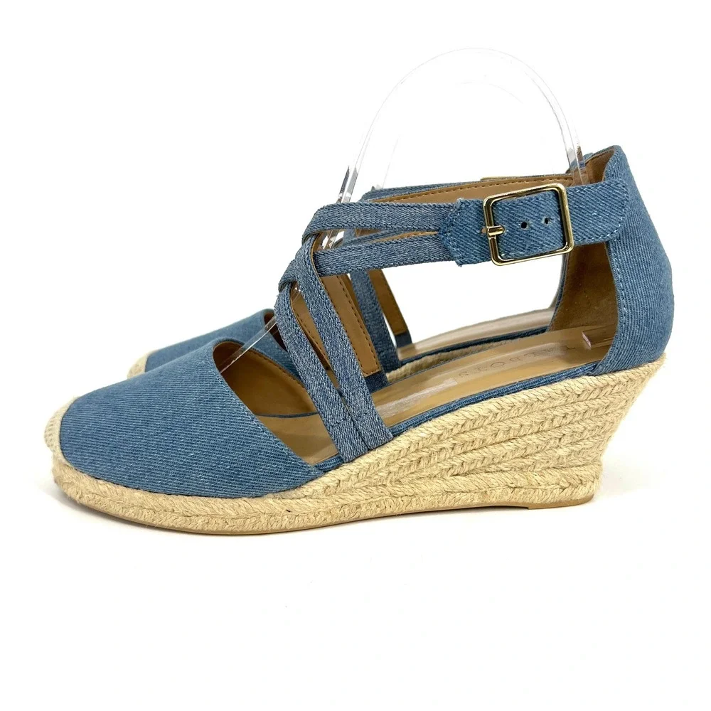 Talbots Womens Blue Denim Espadrille Wedge Sandals Crisscross‎ Ankle Strap 9M